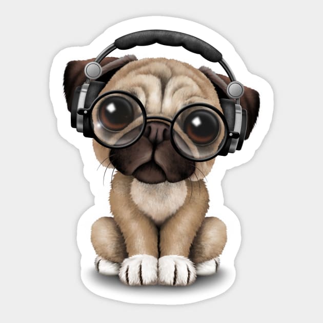 Cute Pug Puppy Dj Wearing Headphones and Glasses Sticker by jeffbartels